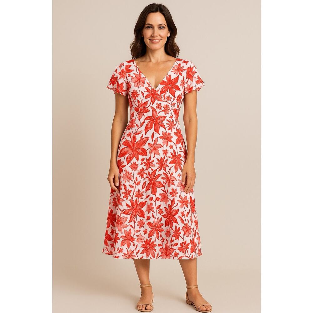 House of Sienna Red Floral Linen Blend Midi Dress Sz 8 Fit & Flare linen blend